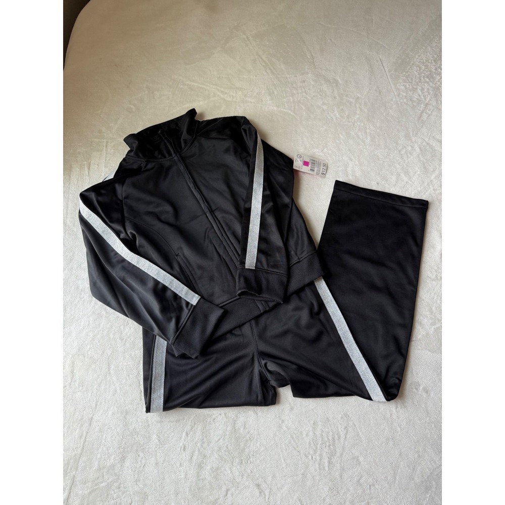 Pro Player Girls Black Silver Glitter Stripe Tracksuit Set Jacket Pants Size 7/8